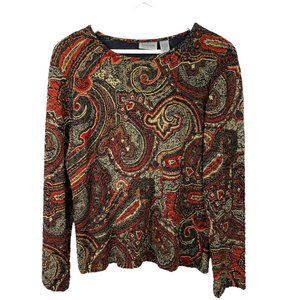 CHICOS Travelers Womens 1/M/8 Scroll Print Multicolor Long Sleeve Top Blouse